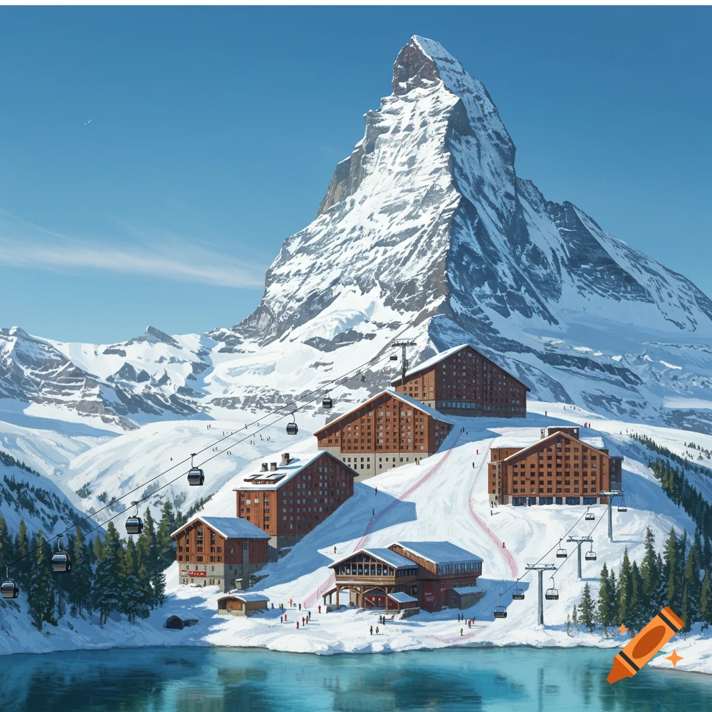 A ski resort on a snowy mountain next to a lake with buildings and ski lifts.