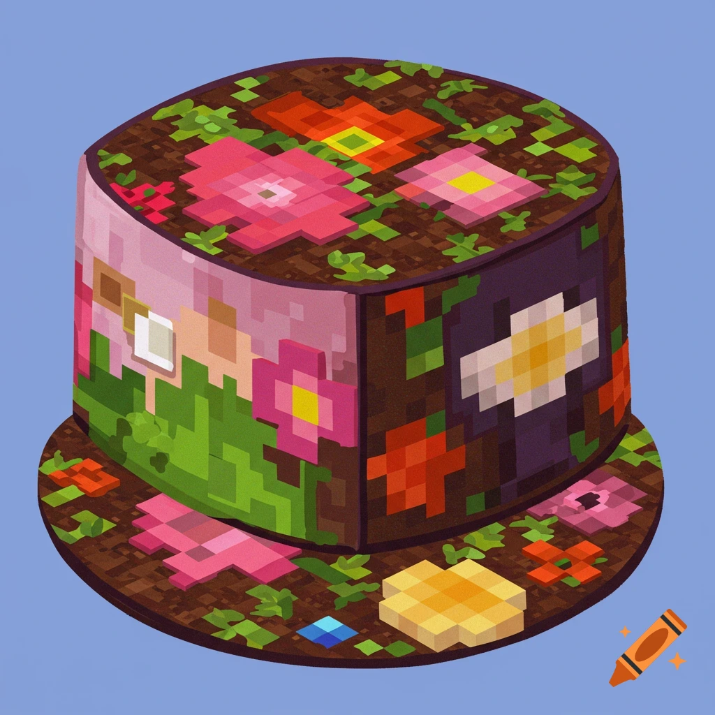 Pixel art of a block or hat decorated with flowers in a Minecraft style