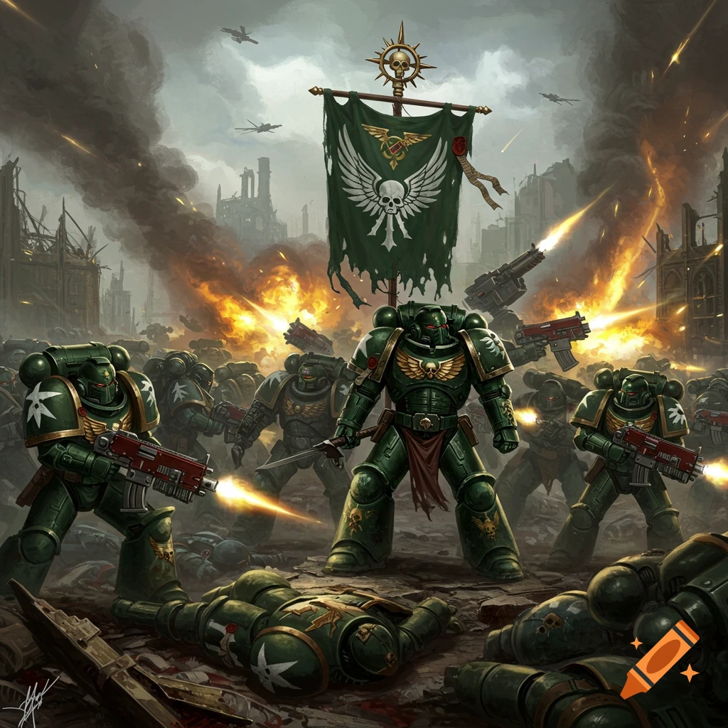Space Marines fighting in a ruined city under a Dark Angels banner. Stylized battle scene.