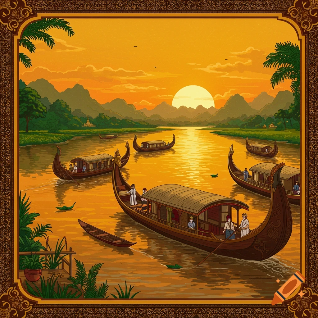 Boats on a river at sunset with mountains in the background.