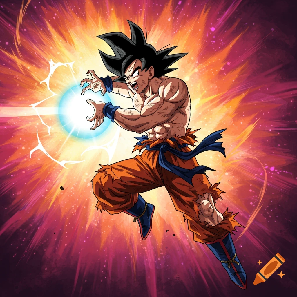 The anime character Goku is shown charging an energy blast against an explosive background.