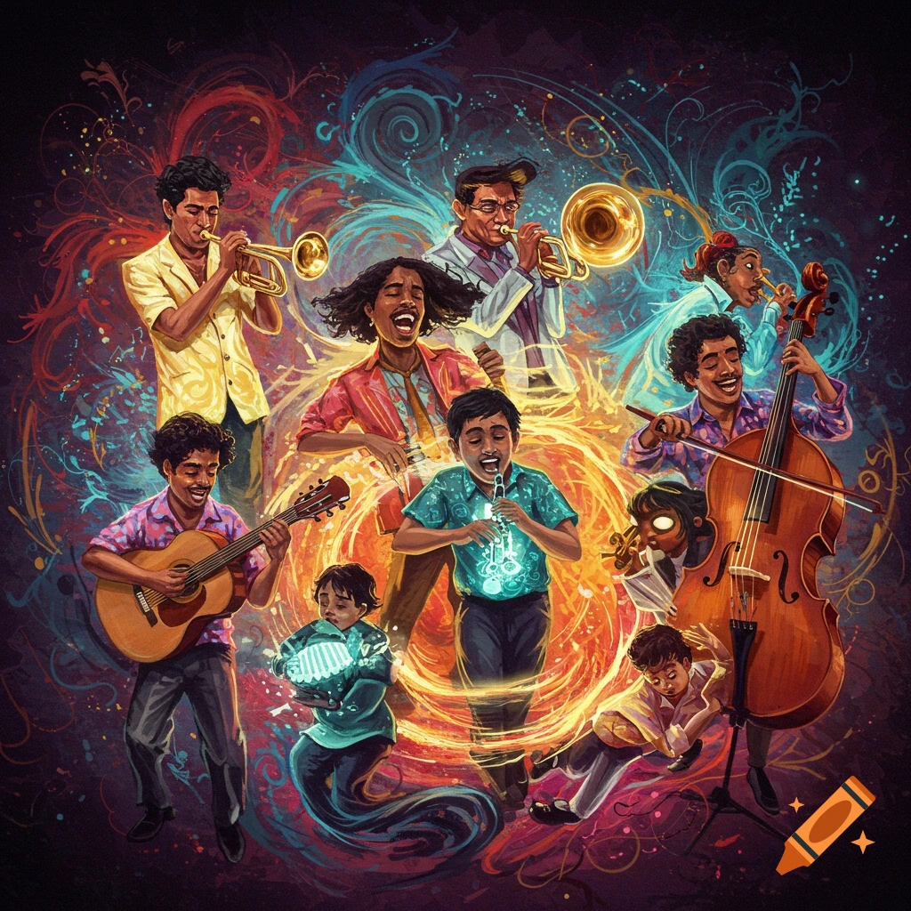 Diverse musicians playing instruments in a colorful, abstract setting.