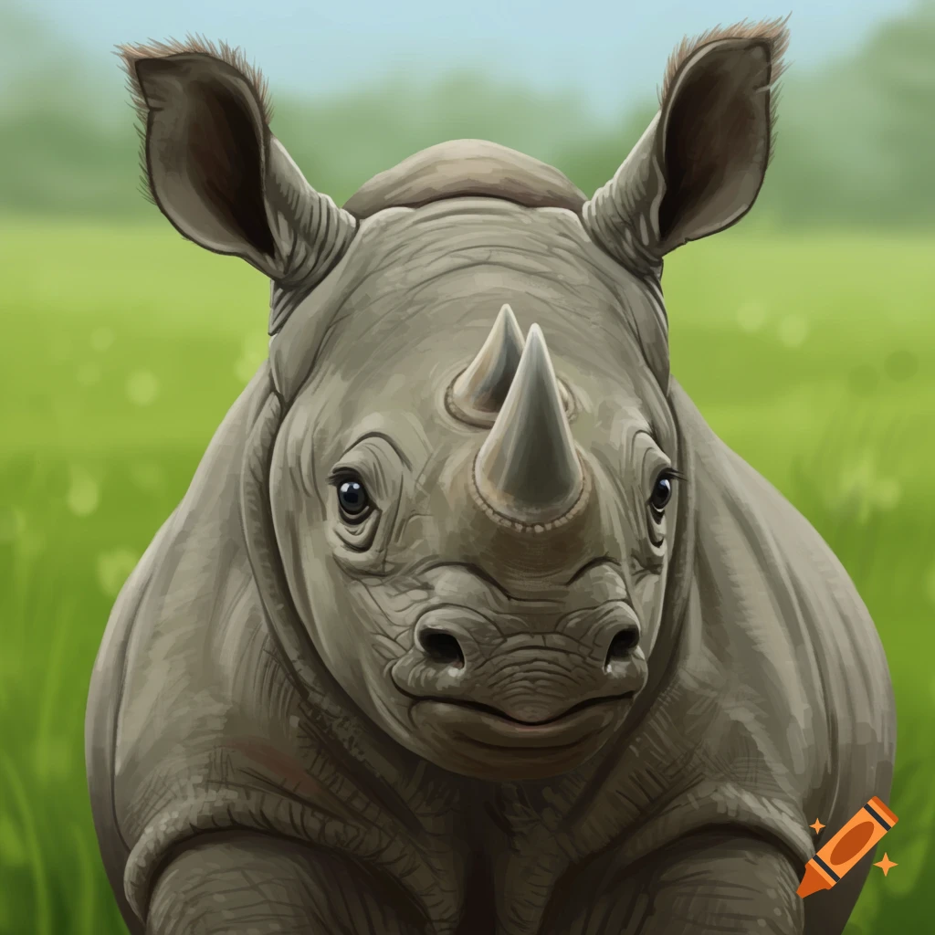 Close-up of a baby rhino's face in a green field.