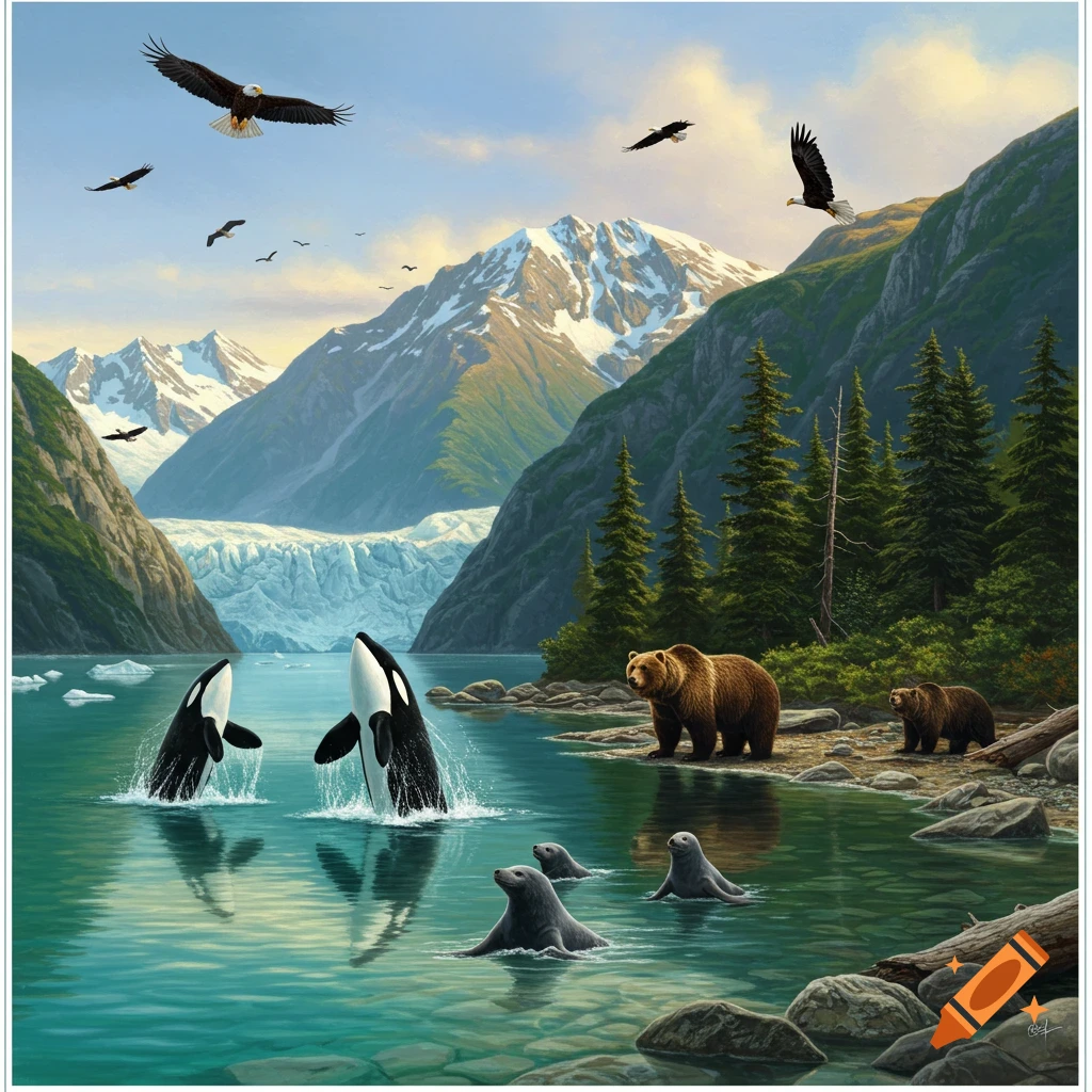 Orcas breaching, bears and seals on shore in an Alaskan landscape with eagles, mountains, and a glacier.