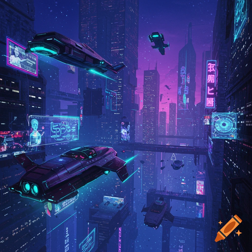 A futuristic city at night with flying cars, skyscrapers, and neon lights.