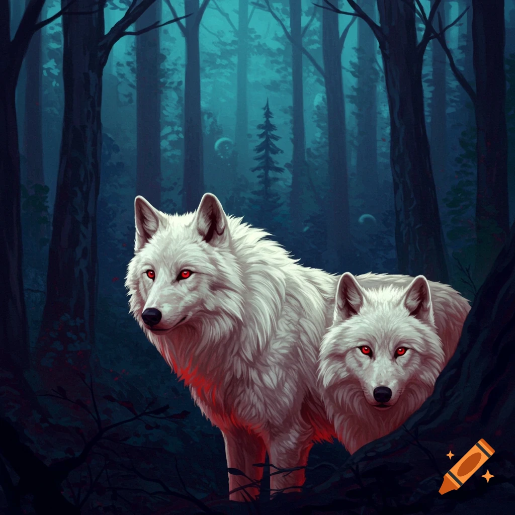 Two white wolves with red eyes in a dark forest.
