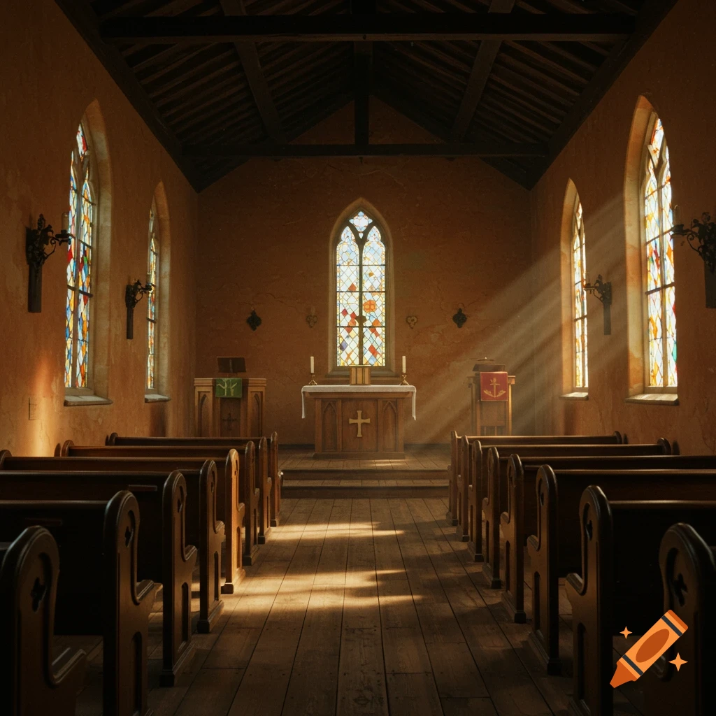 Interior view of a small church with wooden pews, altar, stained glass windows, and sunlight streaming in.