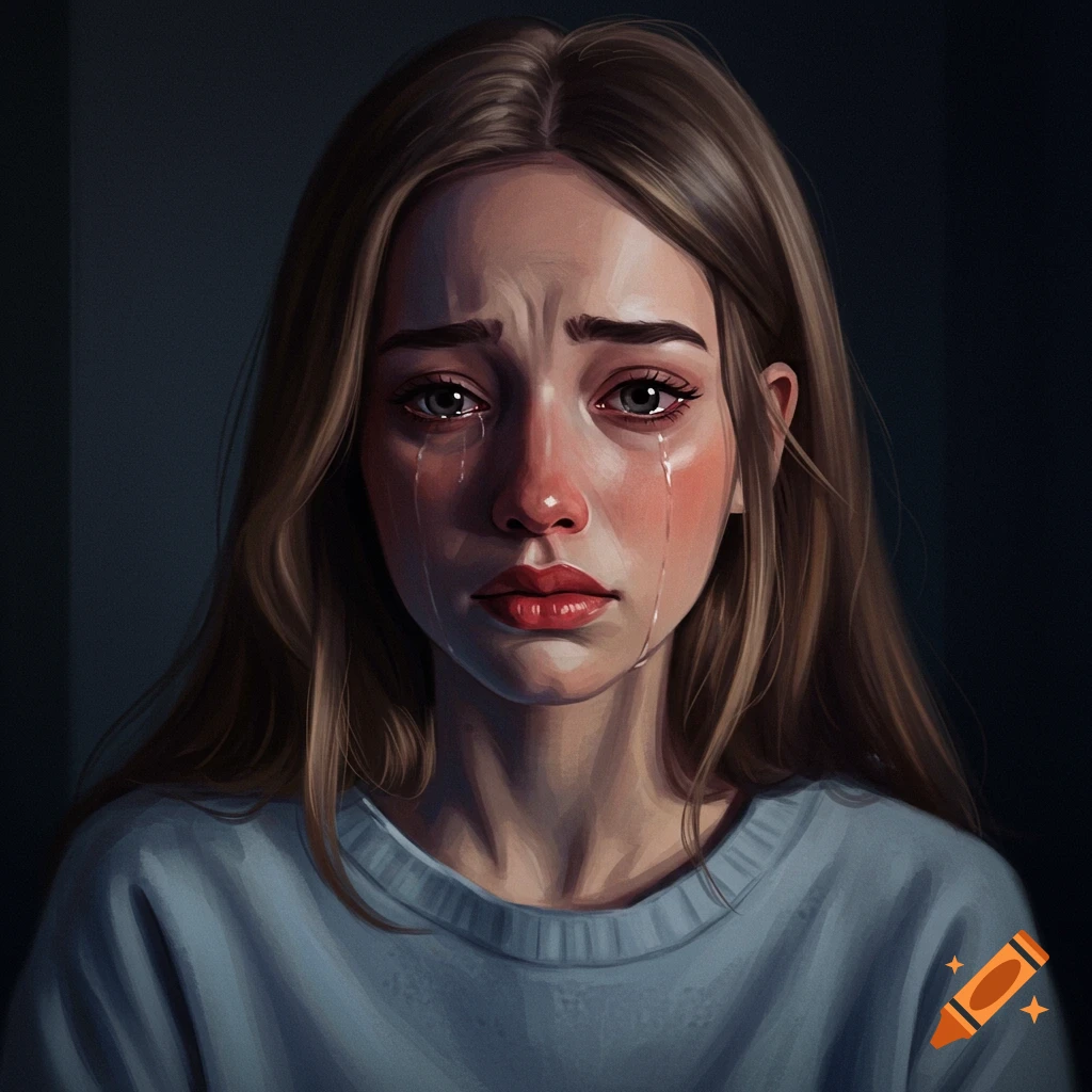 A portrait of a woman crying, with tears streaming down her face, wearing a blue sweater.