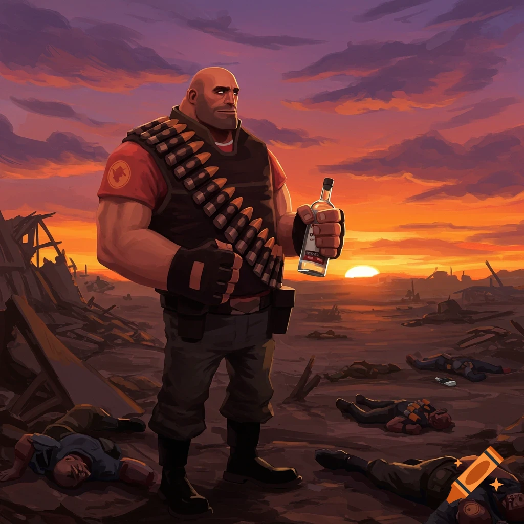 Illustration of The Heavy from Team Fortress 2 holding a bottle in a ruined landscape at sunset.