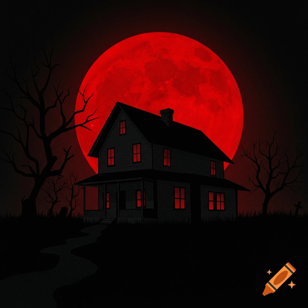 Illustration of a creepy house silhouette against a large red moon with bare trees
