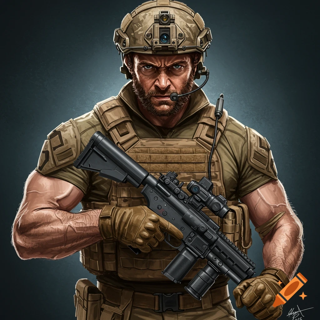 Image of a tactical soldier figure in a helmet and vest holding a rifle.