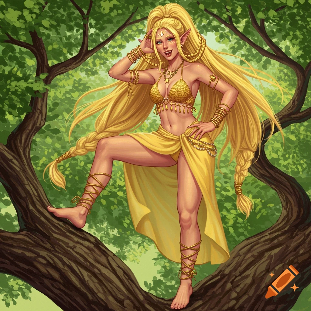 A digital illustration of a happy blonde elf woman in a golden outfit posing on a tree branch in a forest.