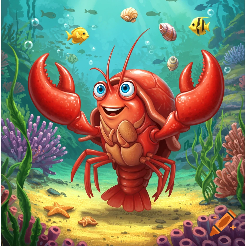 A cheerful cartoon lobster stands on the seabed surrounded by fish and coral.