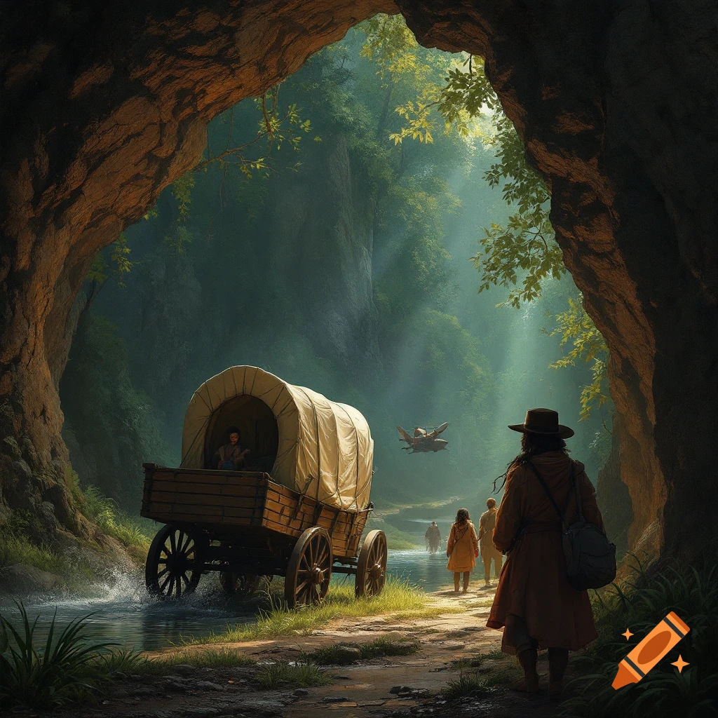A covered wagon sits by a river. Figures walk along a path from a cave entrance towards a forest.