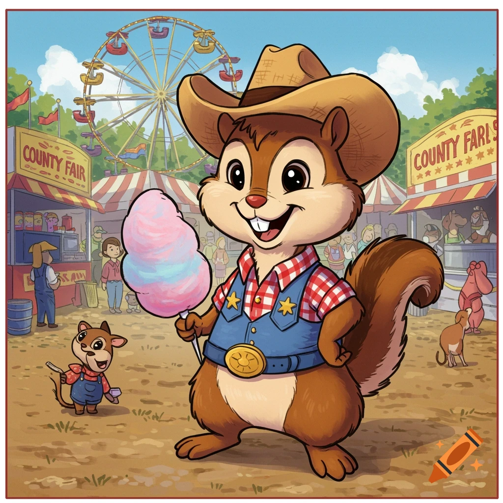Cartoon chipmunk in a cowboy hat holding cotton candy at a county fair.