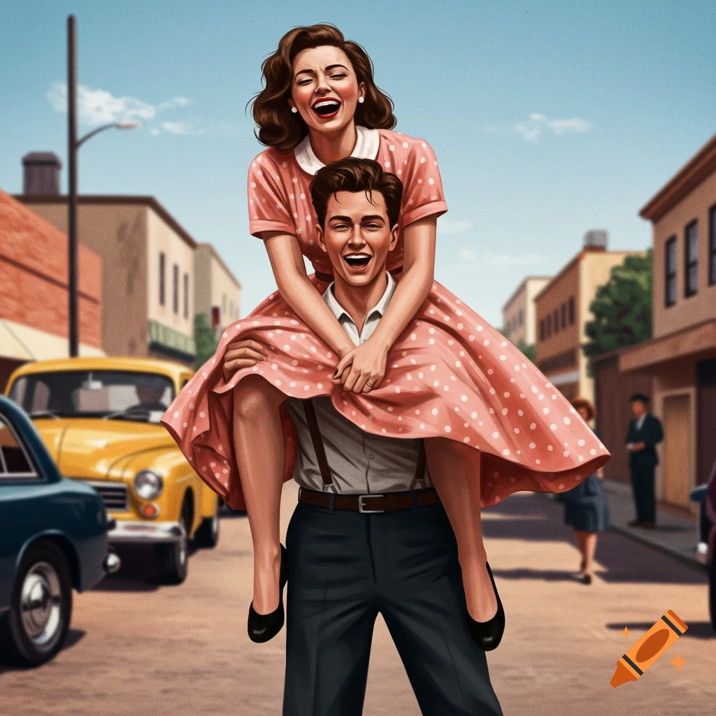 A young man carries a laughing woman on his shoulders in a 1950s street scene.