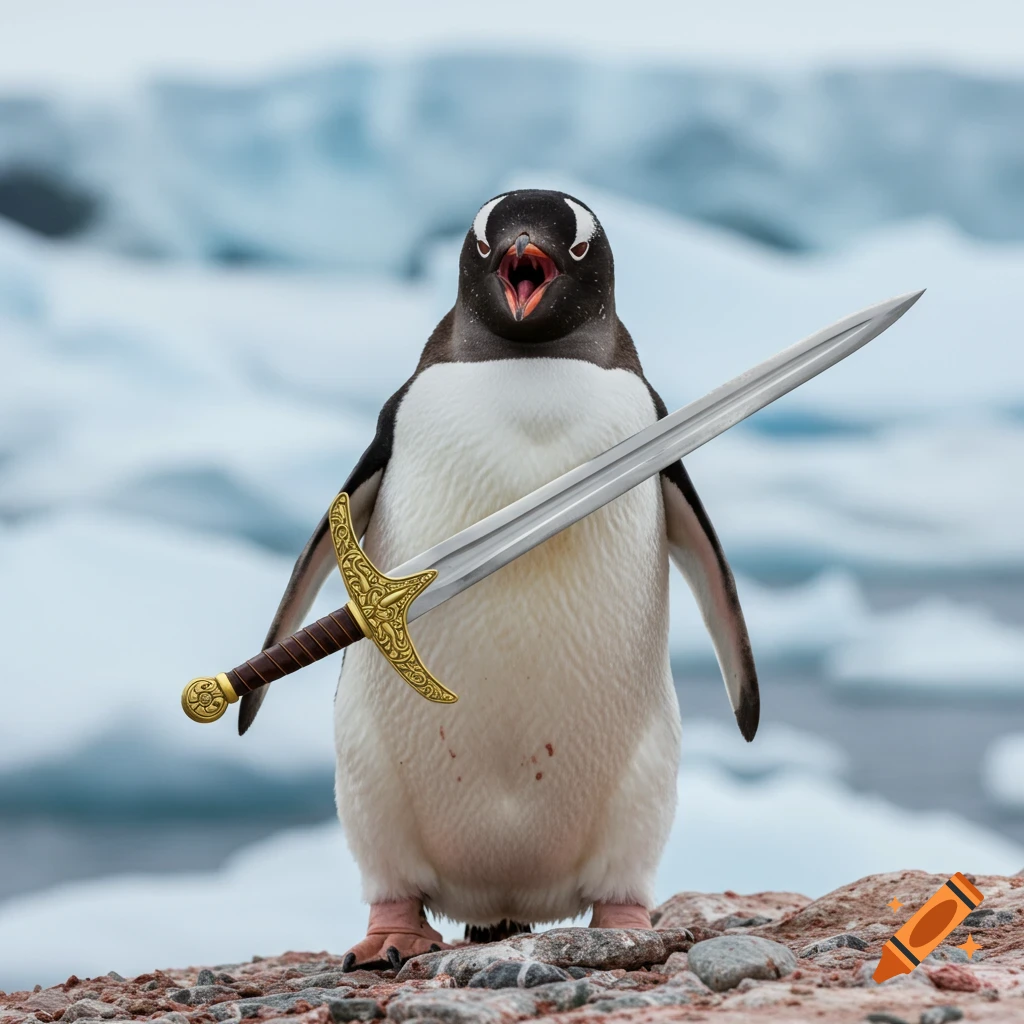 Photorealistic image of an angry gentoo penguin standing on rocks holding a sword.