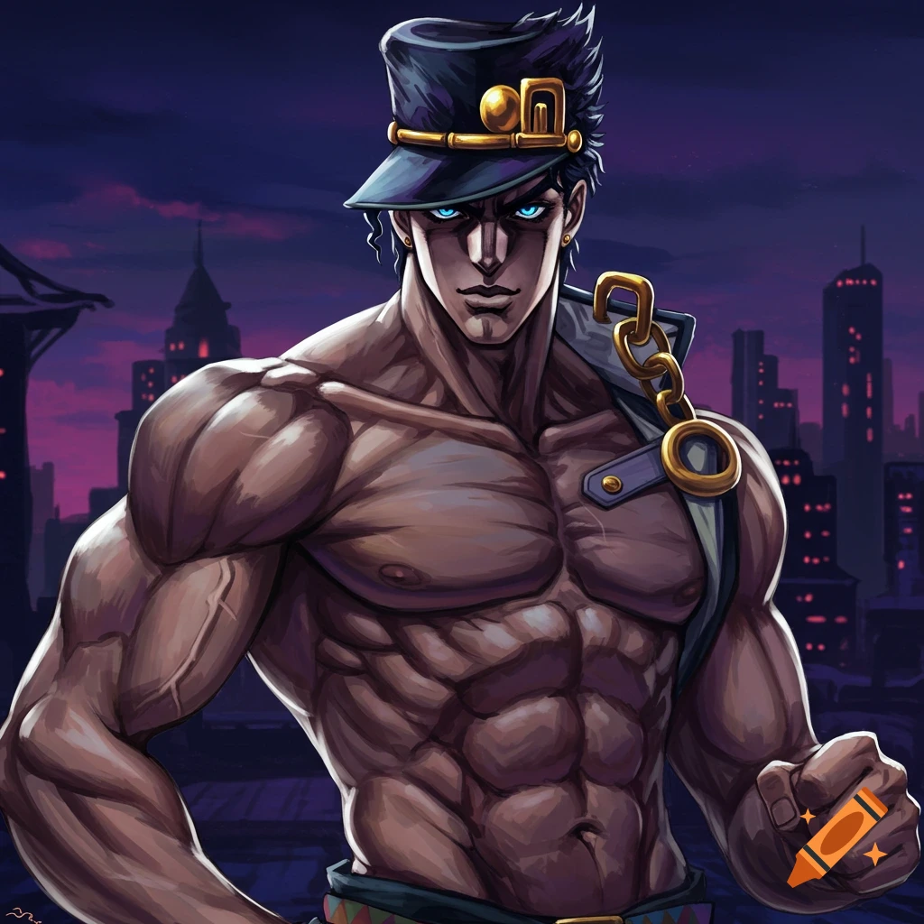 Jotaro Kujo, a muscular man in a hat and coatless uniform, against a city skyline.