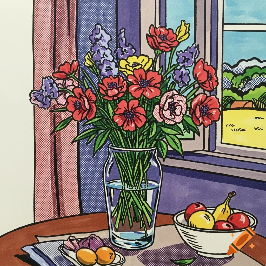 A bouquet of flowers and bowl of fruit on a table by a window, in a Roy Lichtenstein comic book style.