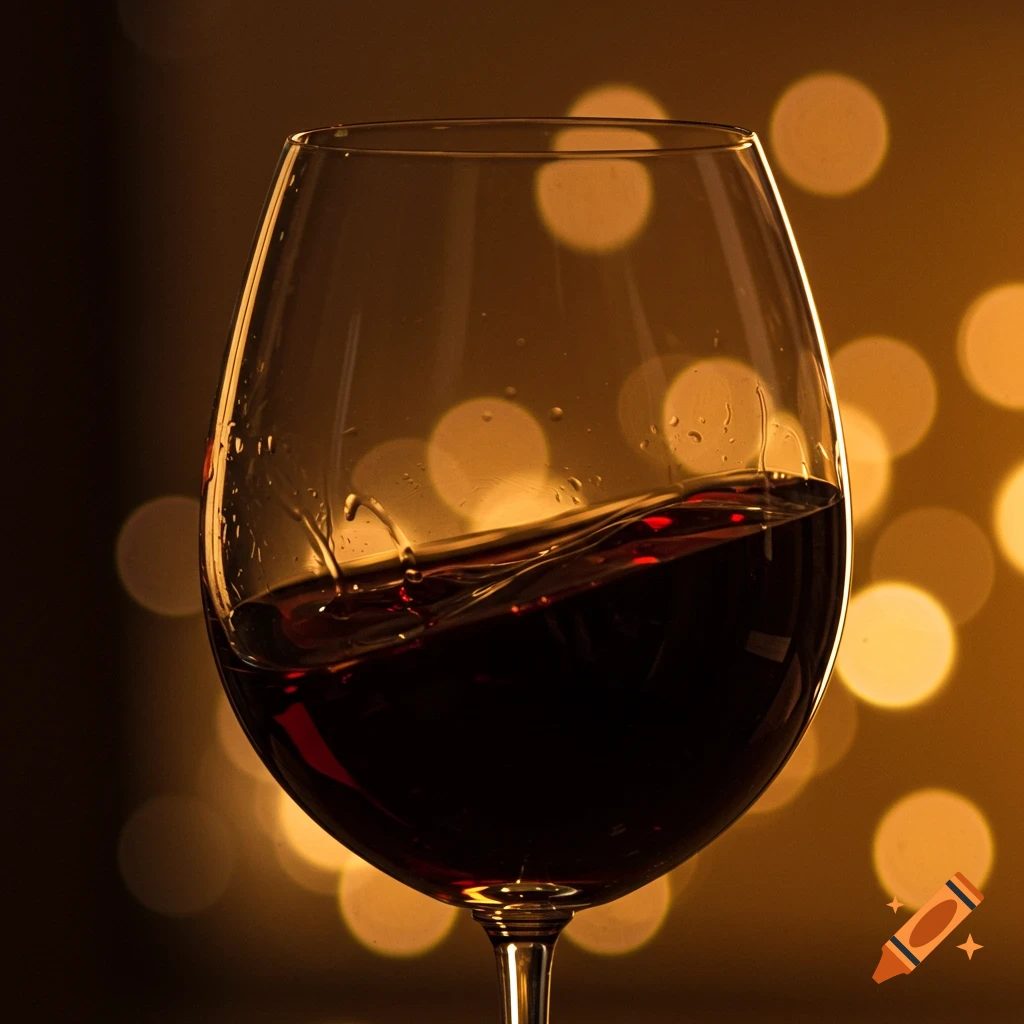 A close-up photo of a wine glass with red wine, against a blurry background with bokeh lights.
