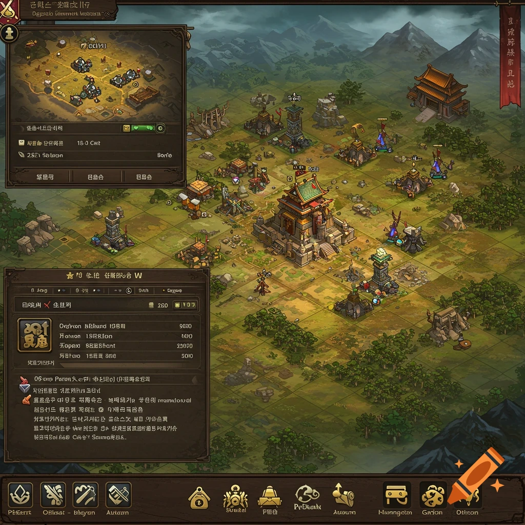 A strategy game interface featuring a top-down map displaying buildings, units, and various UI menus and buttons.