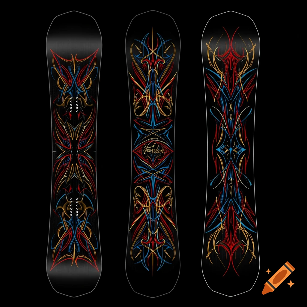 Three snowboards with colorful lowrider pinstripe art on a black background.