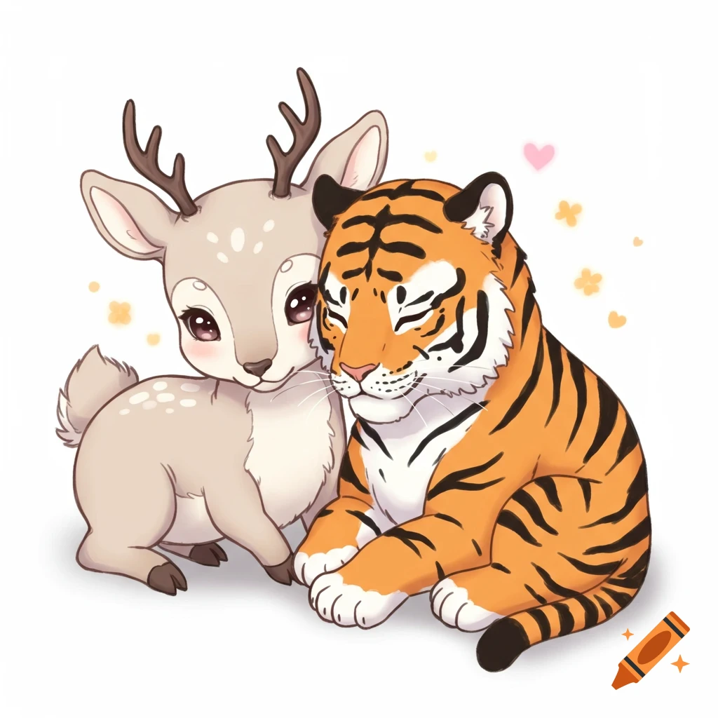 A cute anime deer and tiger cuddle together on a white background with small heart and flower details.