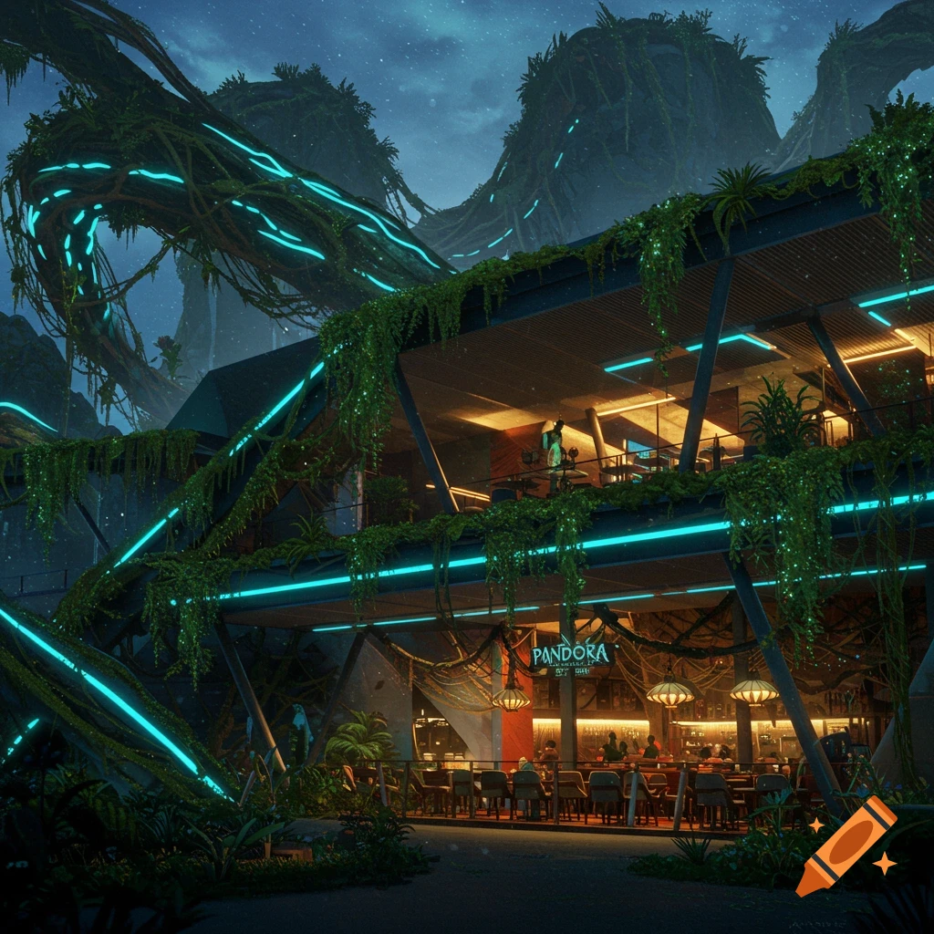 A modern restaurant exterior infused with Pandora aesthetics, overgrown with neon vines