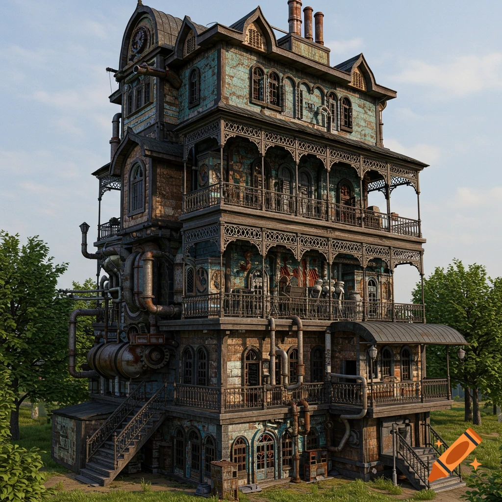 A tall, intricate fantasy steampunk house with pipes and balconies, set in a grassy landscape.