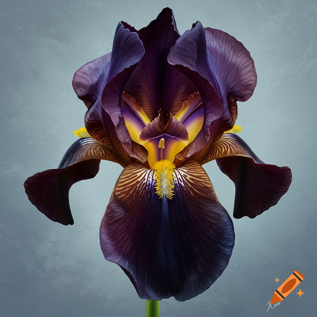 Close-up of a dark purple and yellow iris flower.