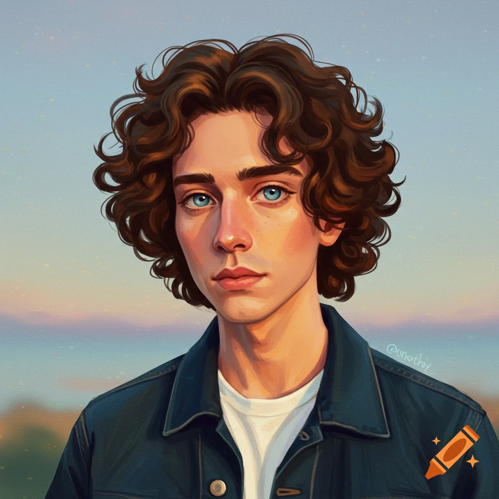 Portrait of a young person with curly brown hair and blue eyes, wearing a denim jacket.
