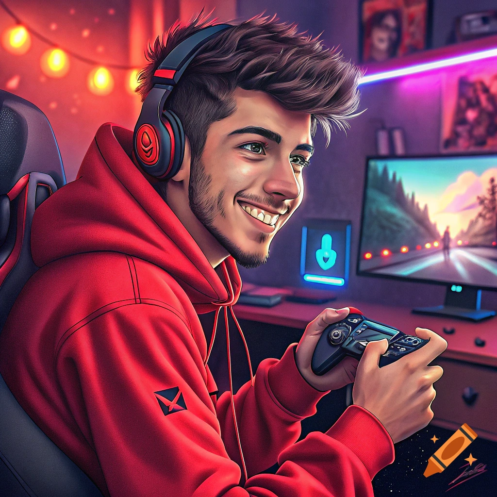 A young man in a red hoodie and headphones playing a video game, smiling.