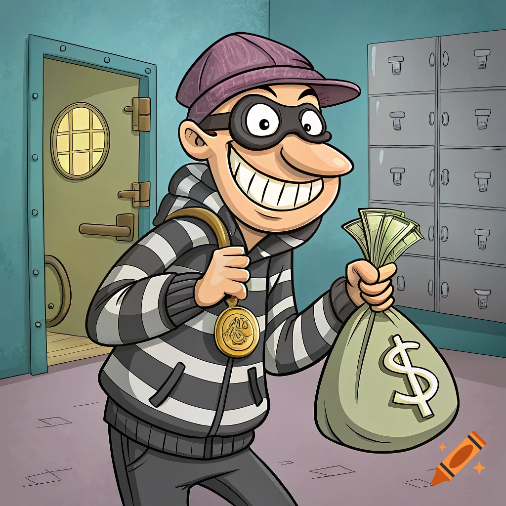 Cartoon robber with a money bag and gold medallion in a vault.
