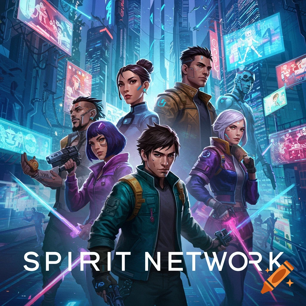 Diverse characters in a futuristic cyberpunk city with text 'SPIRIT NETWORK'.
