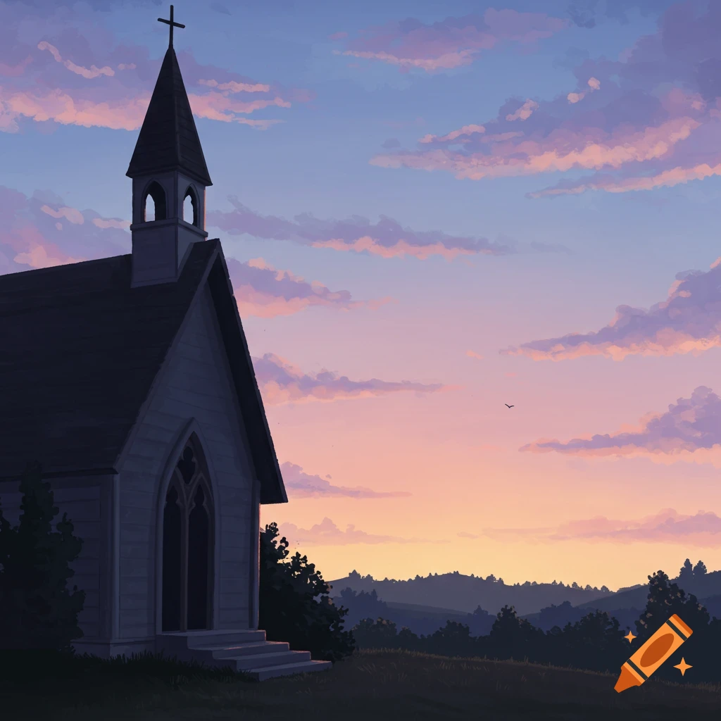 Church on a hill at sunrise.
