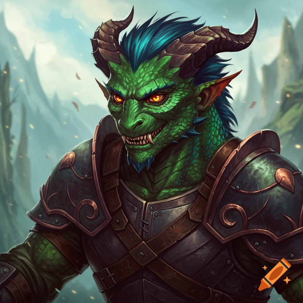 A green fantasy creature in armor