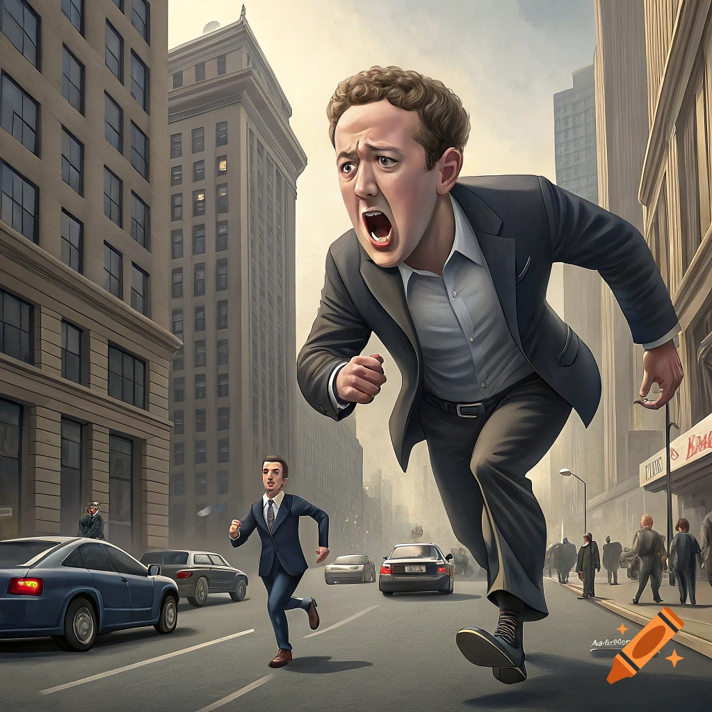 Giant Mark Zuckerberg chases tiny Elon Musk through a city street.