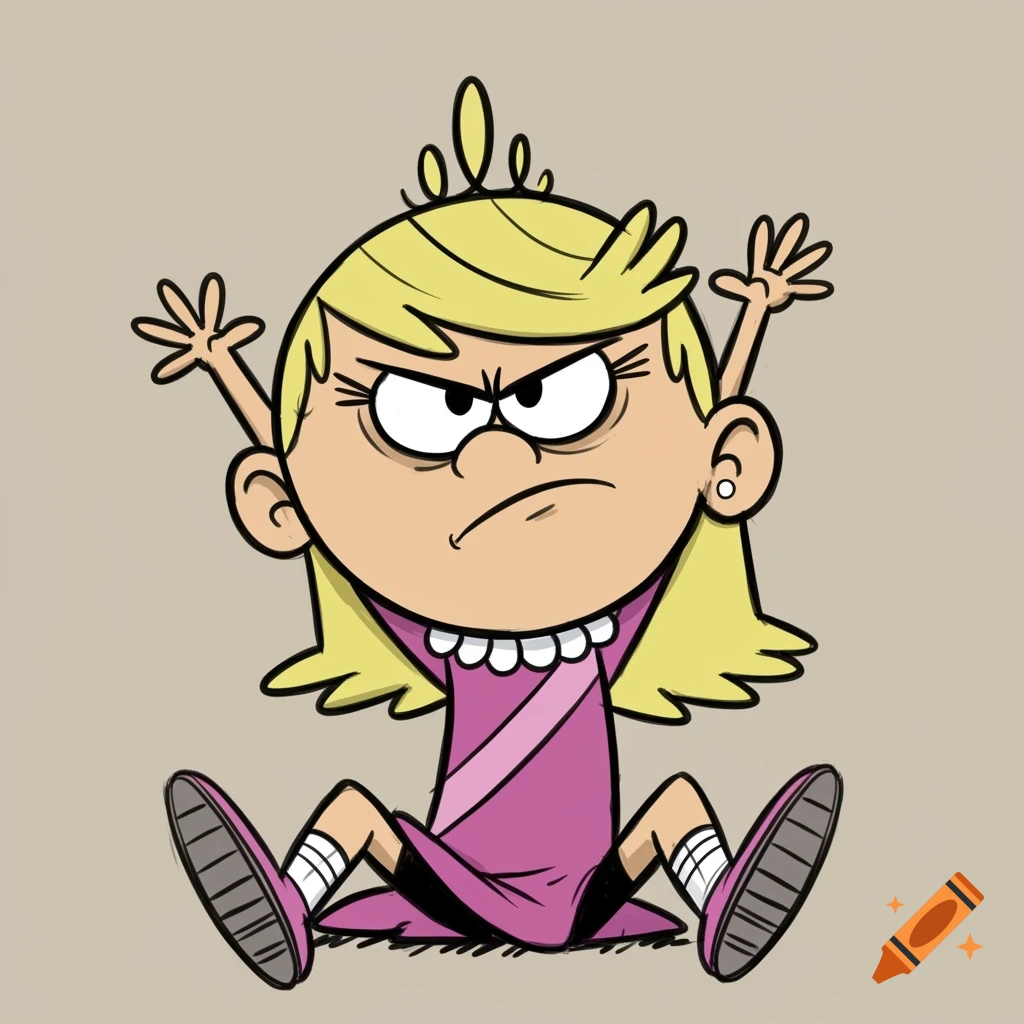 A cartoon character resembling Lola Loud from The Loud House sits angrily with arms raised.