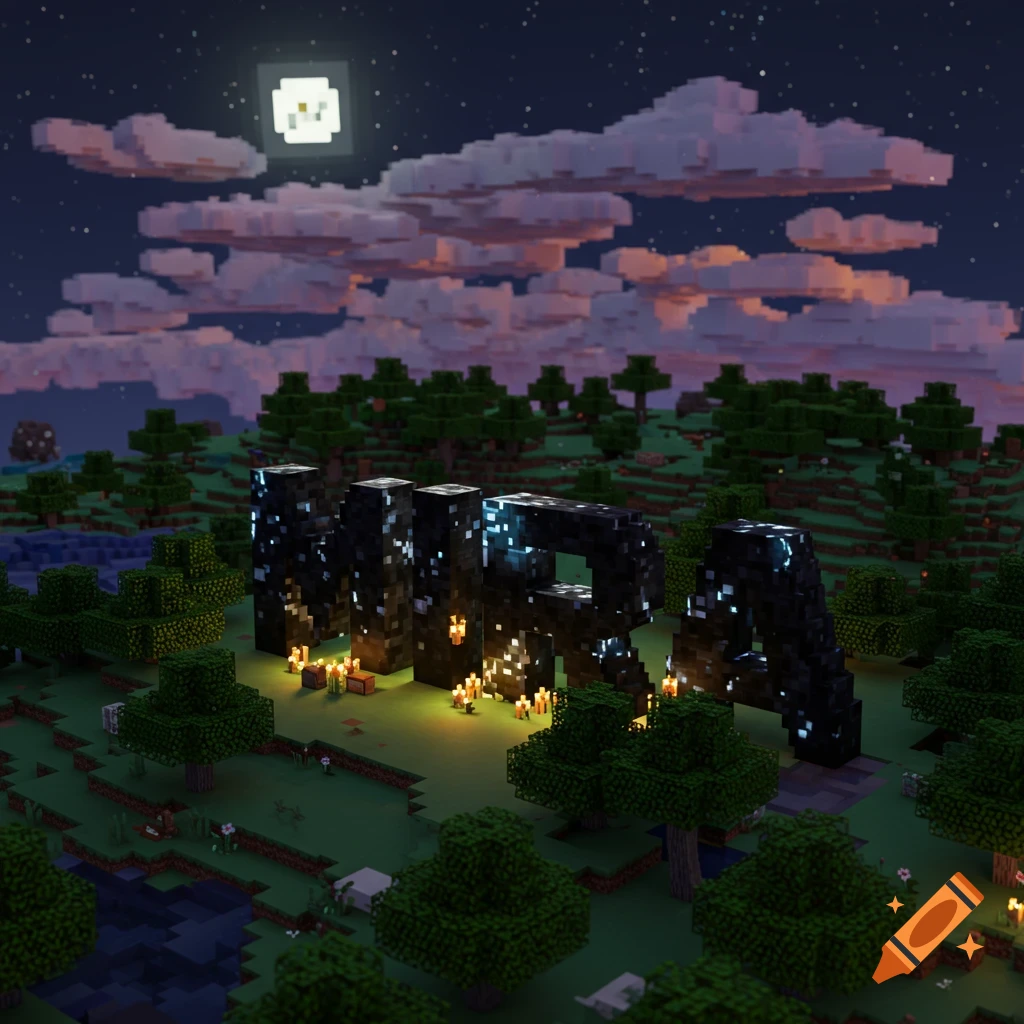 Minecraft landscape at night with large blocky 'MIRA' text lit by candles.