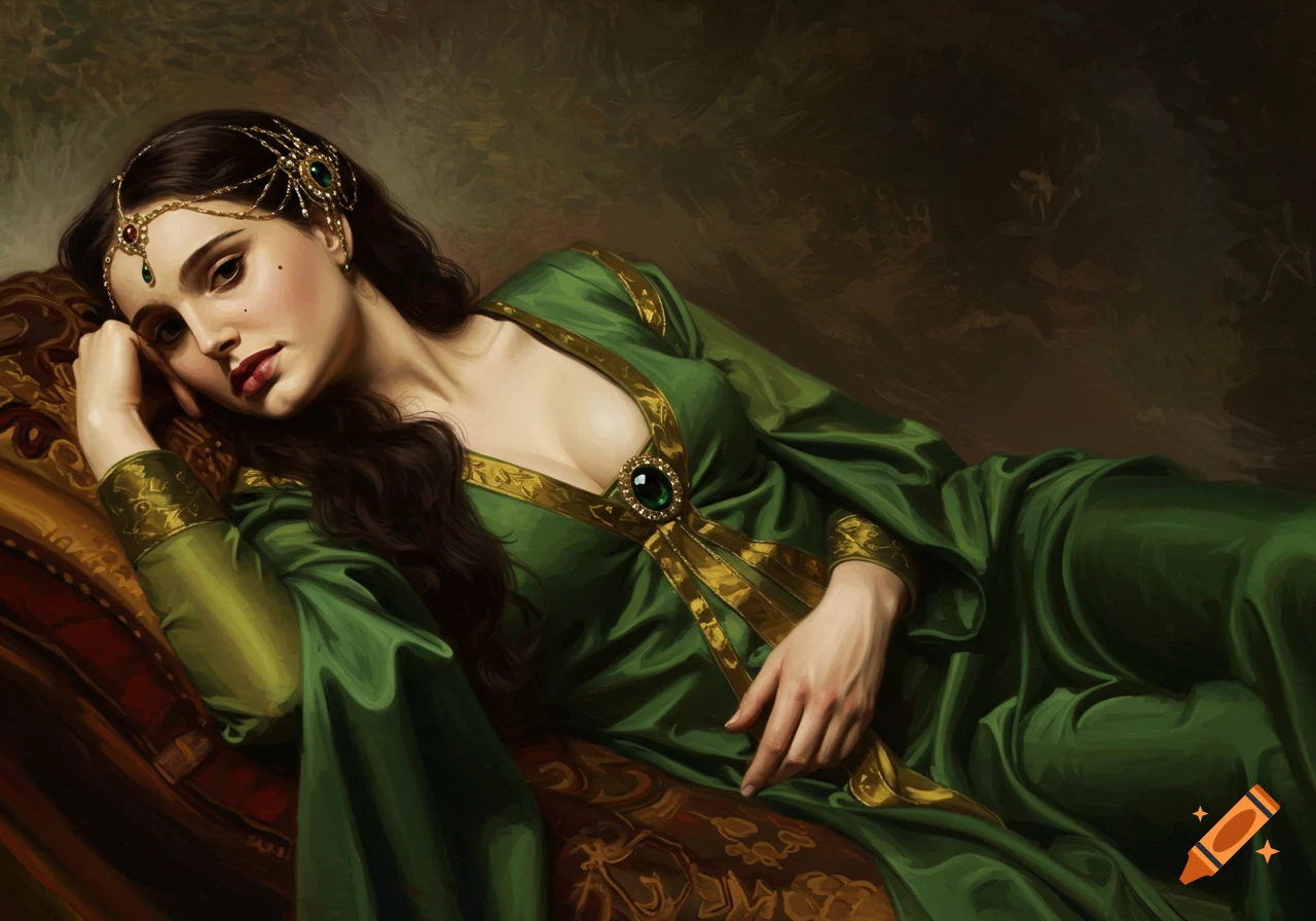 Painting of a woman in a green dress and jeweled headpiece reclining