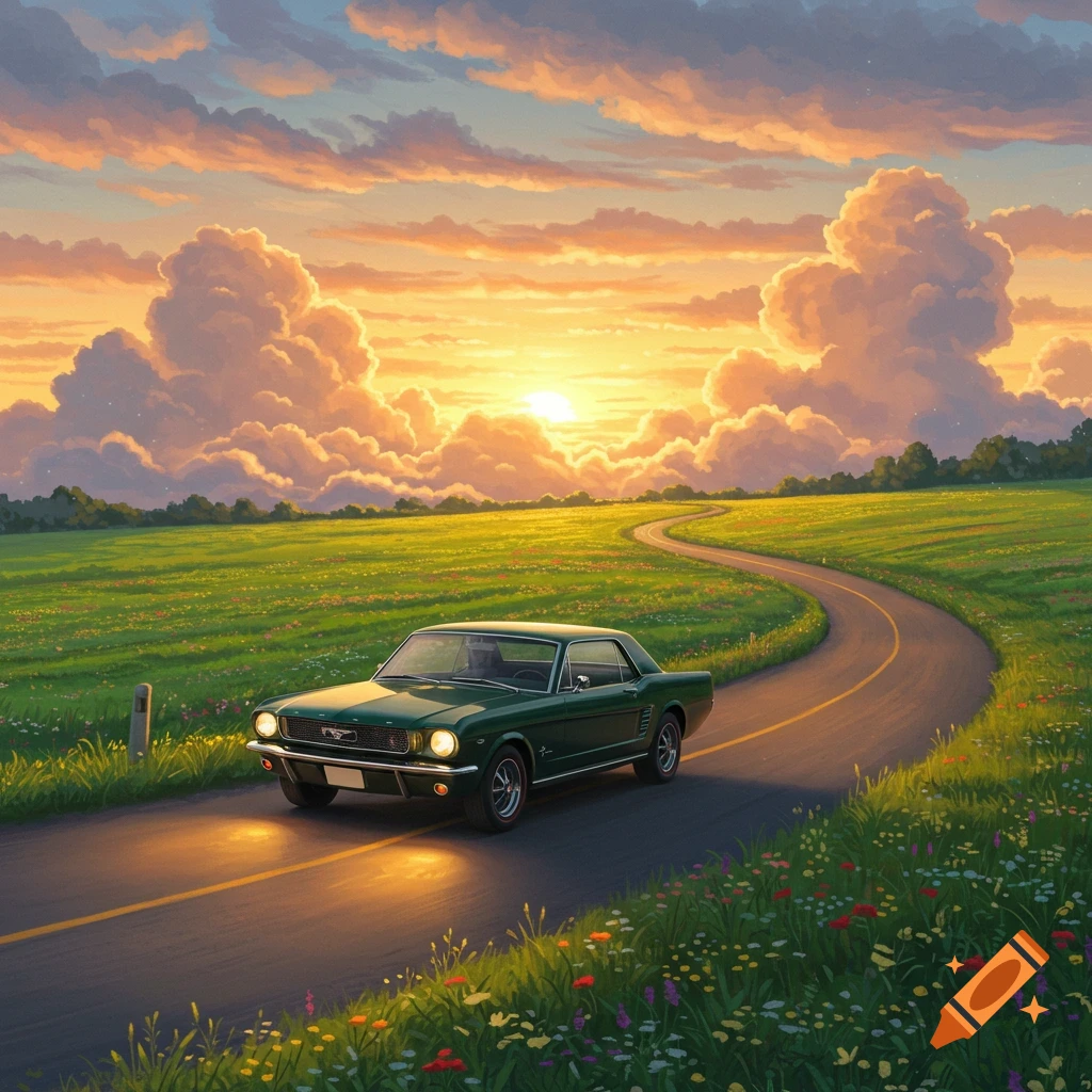 Green classic car on a winding road through a grassy field at sunset.
