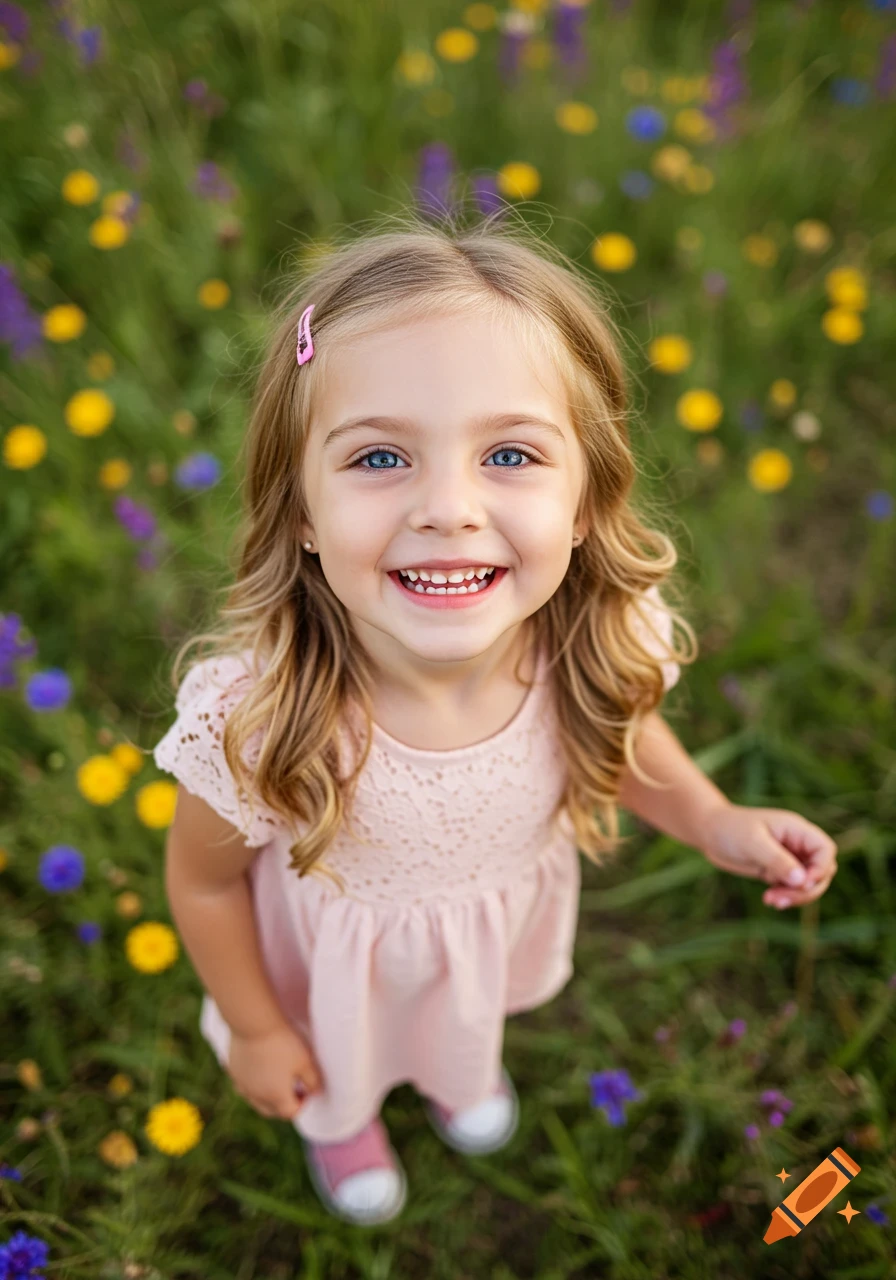 Young girl smiles up at the camera in a field of wildflowers.