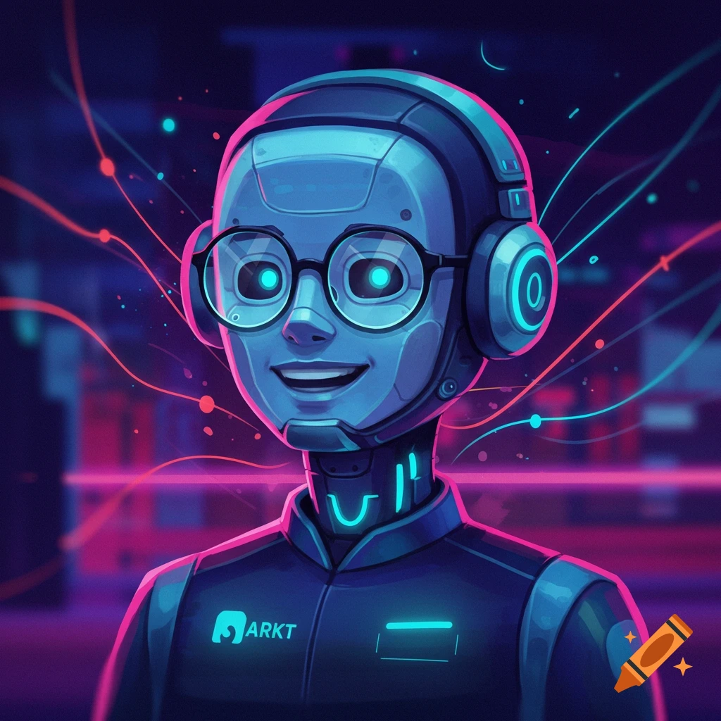 A stylized image of a futuristic AI character with glasses and headphones in a neon city.