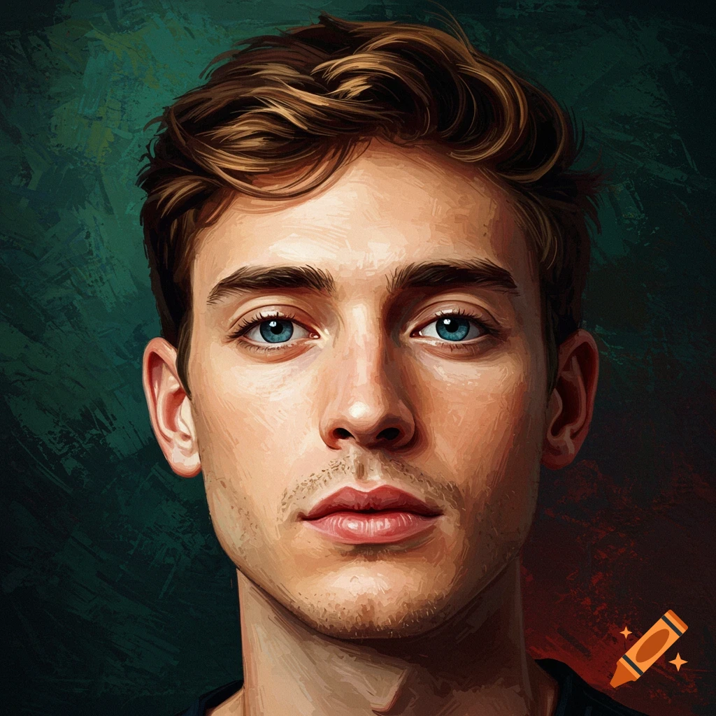A young man with blue eyes and brown hair against a textured background.