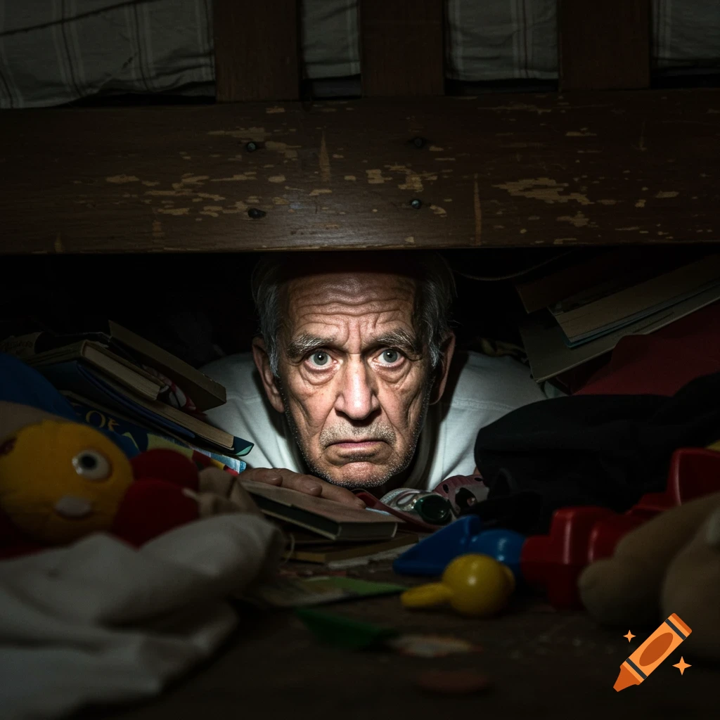 An elderly man peers from under a cluttered bed.