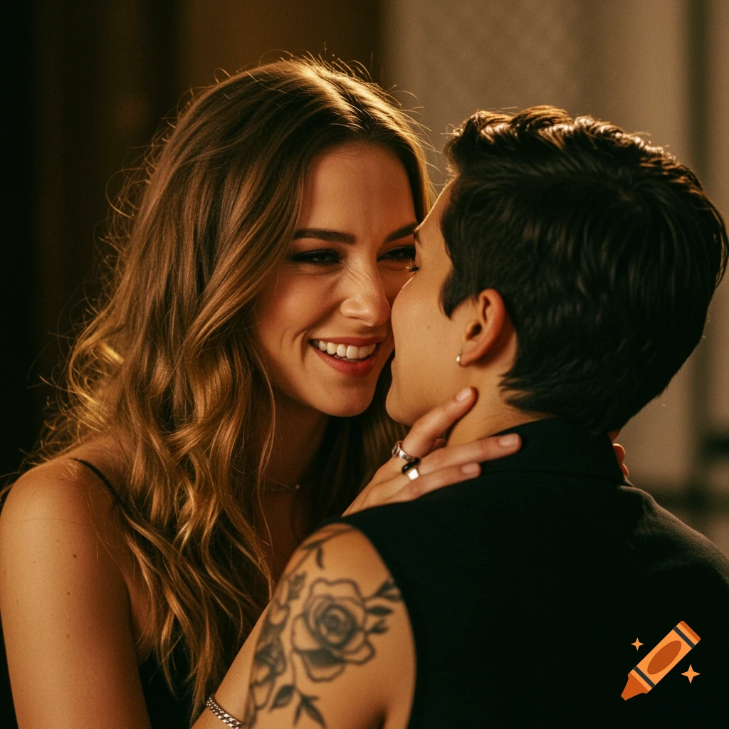 Close-up photo of two women smiling and leaning in for an intimate moment.