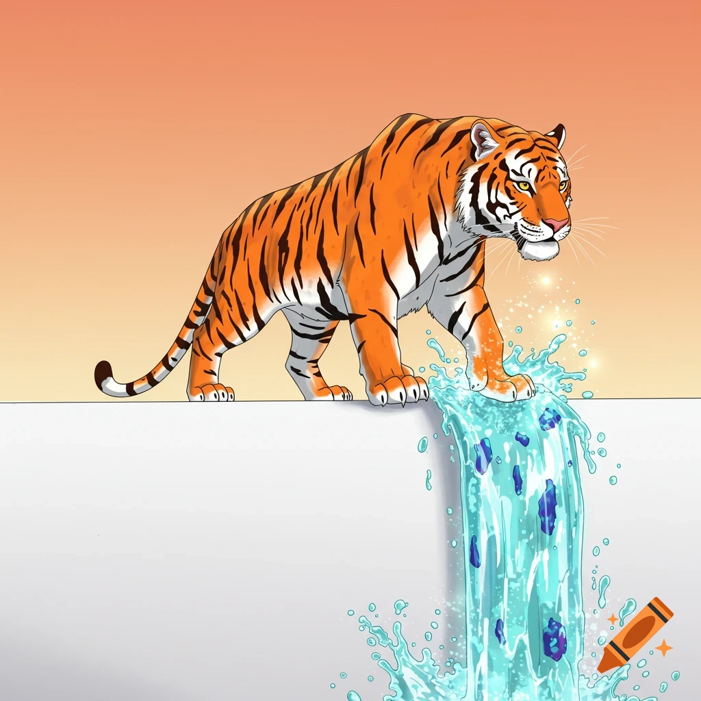 A tiger walks along a wall, accompanied by flowing magical water and blue gems.