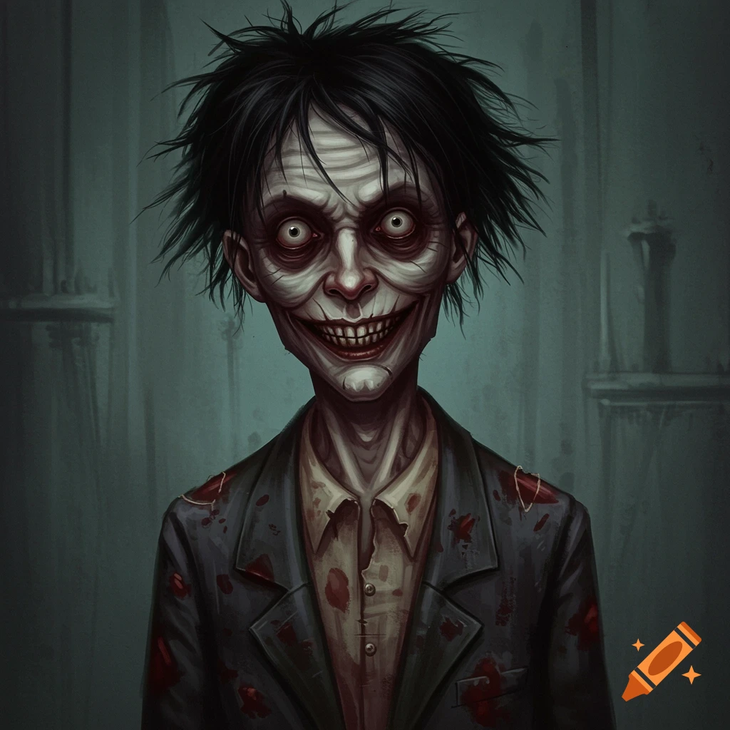 A gaunt figure in a stained suit with messy hair and a wide, unsettling smile.