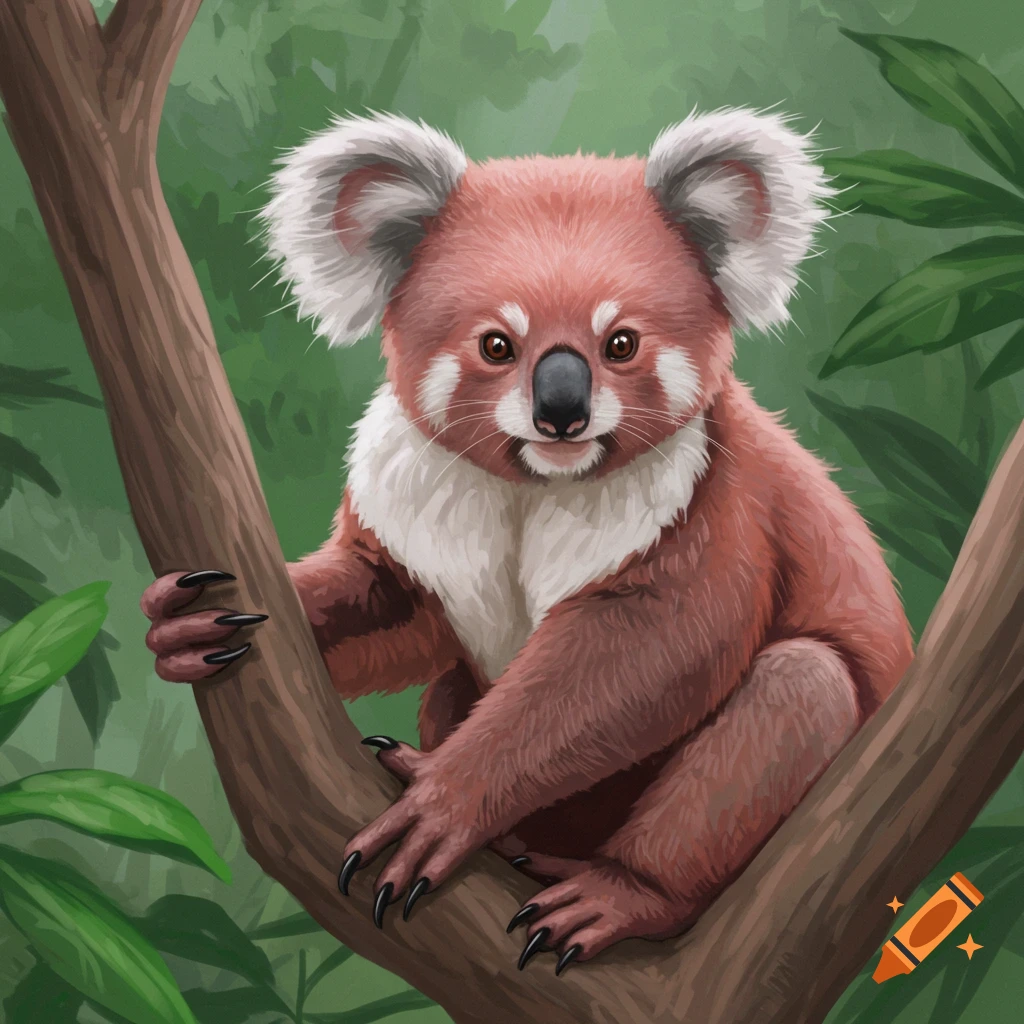 A pink koala-red panda creature sits in a tree.