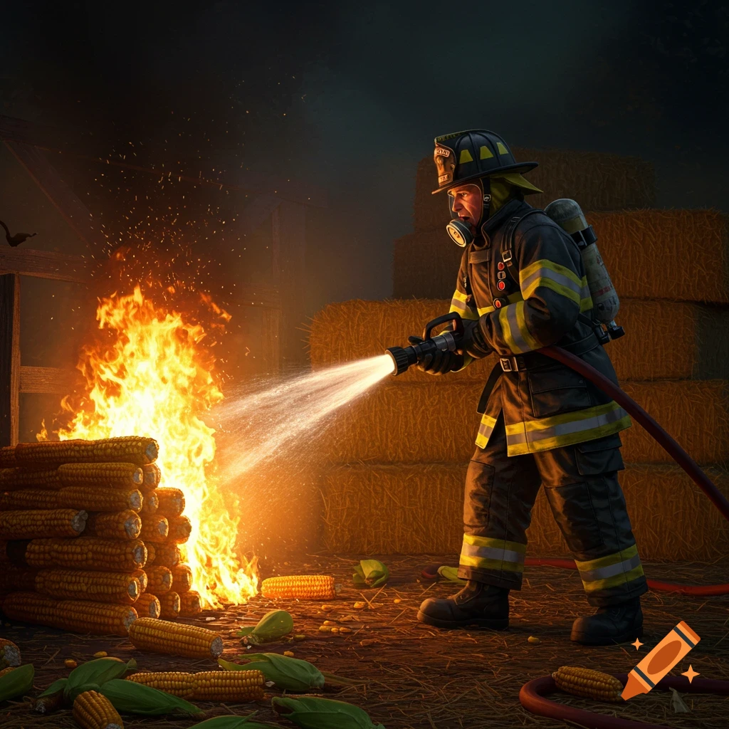 Painting of a firefighter spraying water on a fire of corn cobs inside a barn.